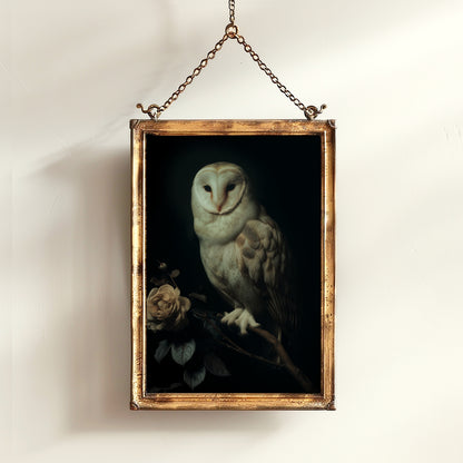 Gothic Barn Owl Perched On Roses Branch Wall Art, Vintage Nocturnal Bird Painting, Witchy Whimsigoth Decor, Dark Academia Poster