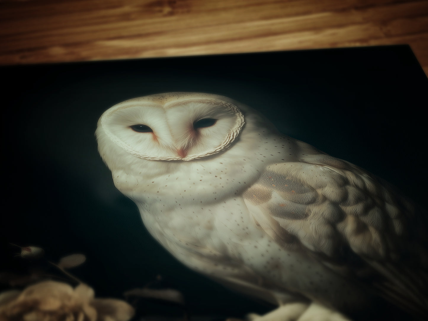 Gothic Barn Owl Perched On Roses Branch Wall Art, Vintage Nocturnal Bird Painting, Witchy Whimsigoth Decor, Dark Academia Poster