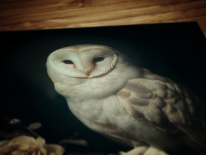 Gothic Barn Owl Perched On Roses Branch Wall Art, Vintage Nocturnal Bird Painting, Witchy Whimsigoth Decor, Dark Academia Poster