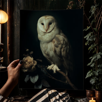 Gothic Barn Owl Perched On Roses Branch Wall Art, Vintage Nocturnal Bird Painting, Witchy Whimsigoth Decor, Dark Academia Poster