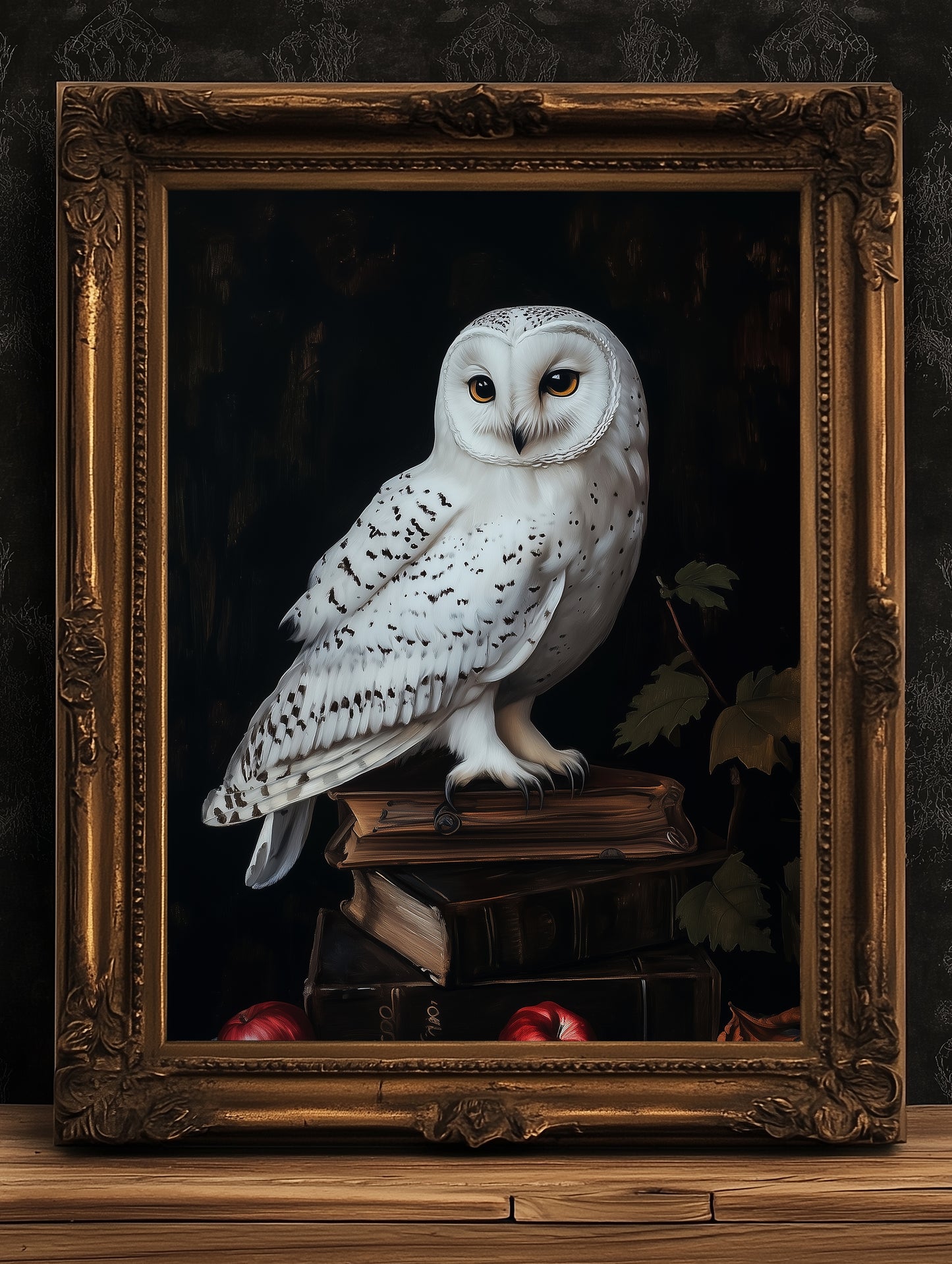 Snowy Owl Perched Wall Art, Dark Academia Bird Poster, Witchy Animal Painting with Books, Moody Cottagecore Whimsigoth Decor