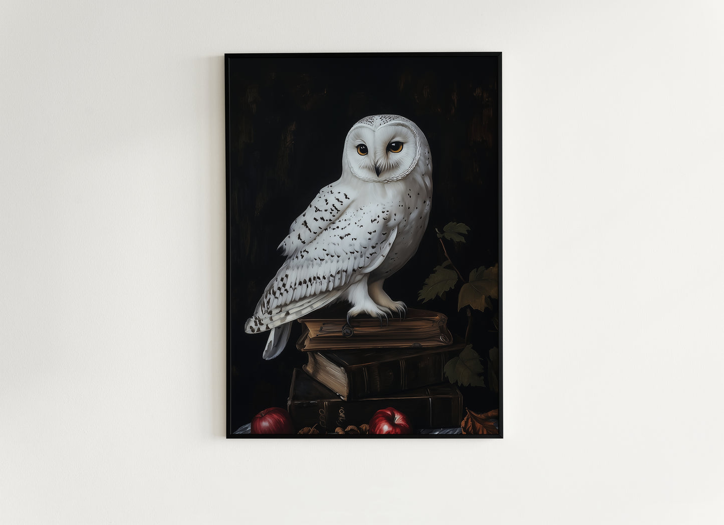Snowy Owl Perched Wall Art, Dark Academia Bird Poster, Witchy Animal Painting with Books, Moody Cottagecore Whimsigoth Decor