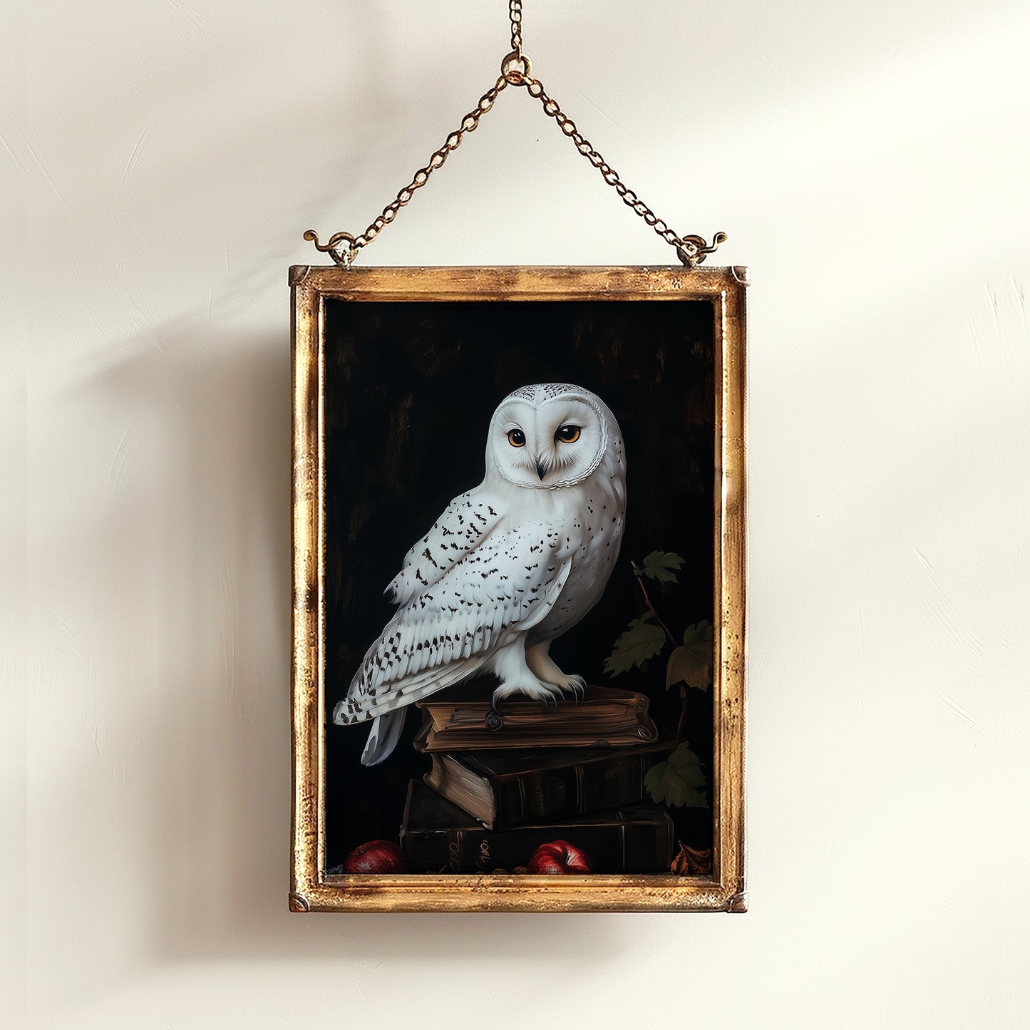 Snowy Owl Perched Wall Art, Dark Academia Bird Poster, Witchy Animal Painting with Books, Moody Cottagecore Whimsigoth Decor