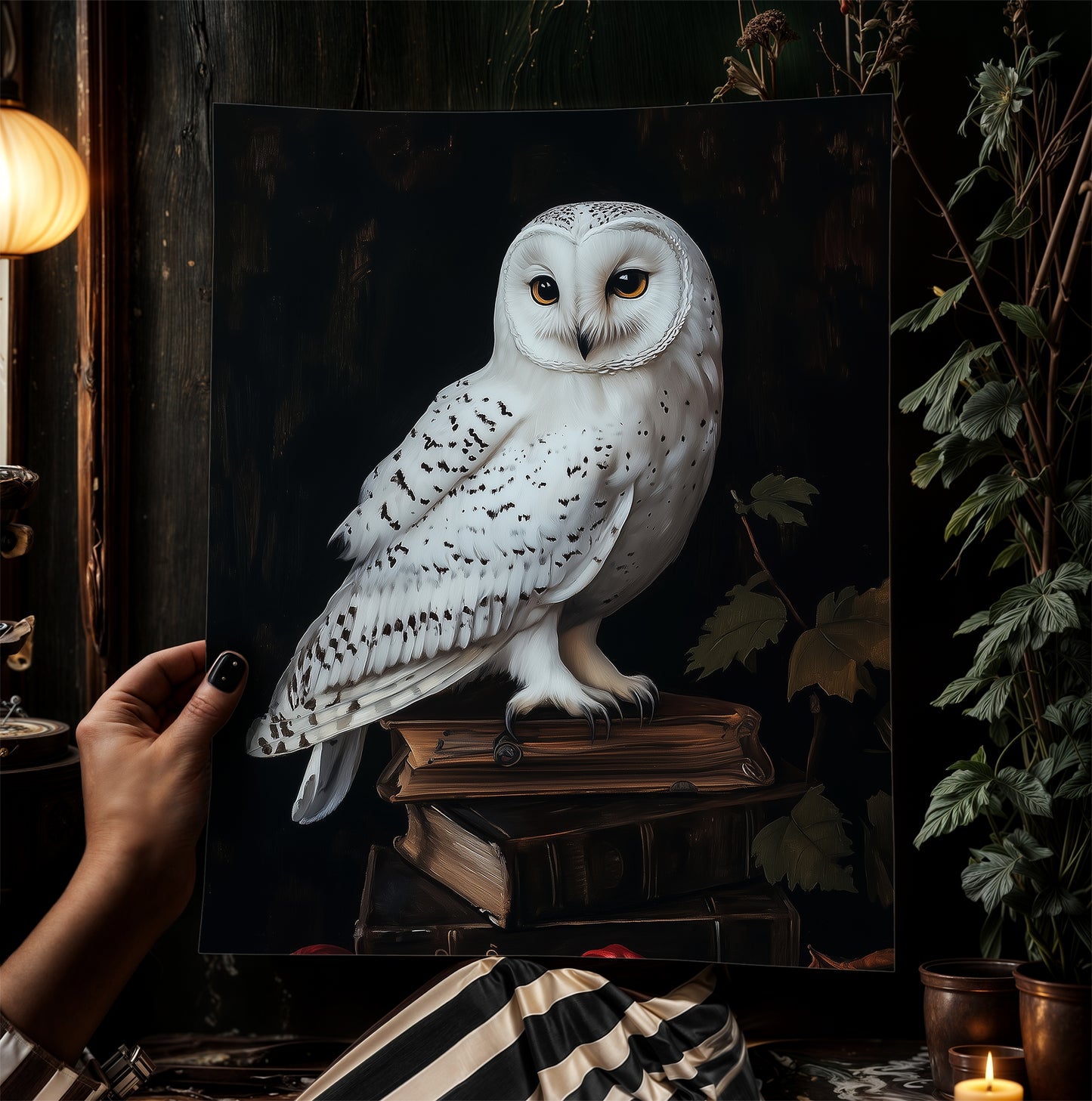 Snowy Owl Perched Wall Art, Dark Academia Bird Poster, Witchy Animal Painting with Books, Moody Cottagecore Whimsigoth Decor