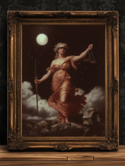 Themis Wall Art, Blind Justice Goddess Poster, Greek Mythology Wall Art, Mythical Lady Justice Painting, Feminine Power Dark Academia Decor