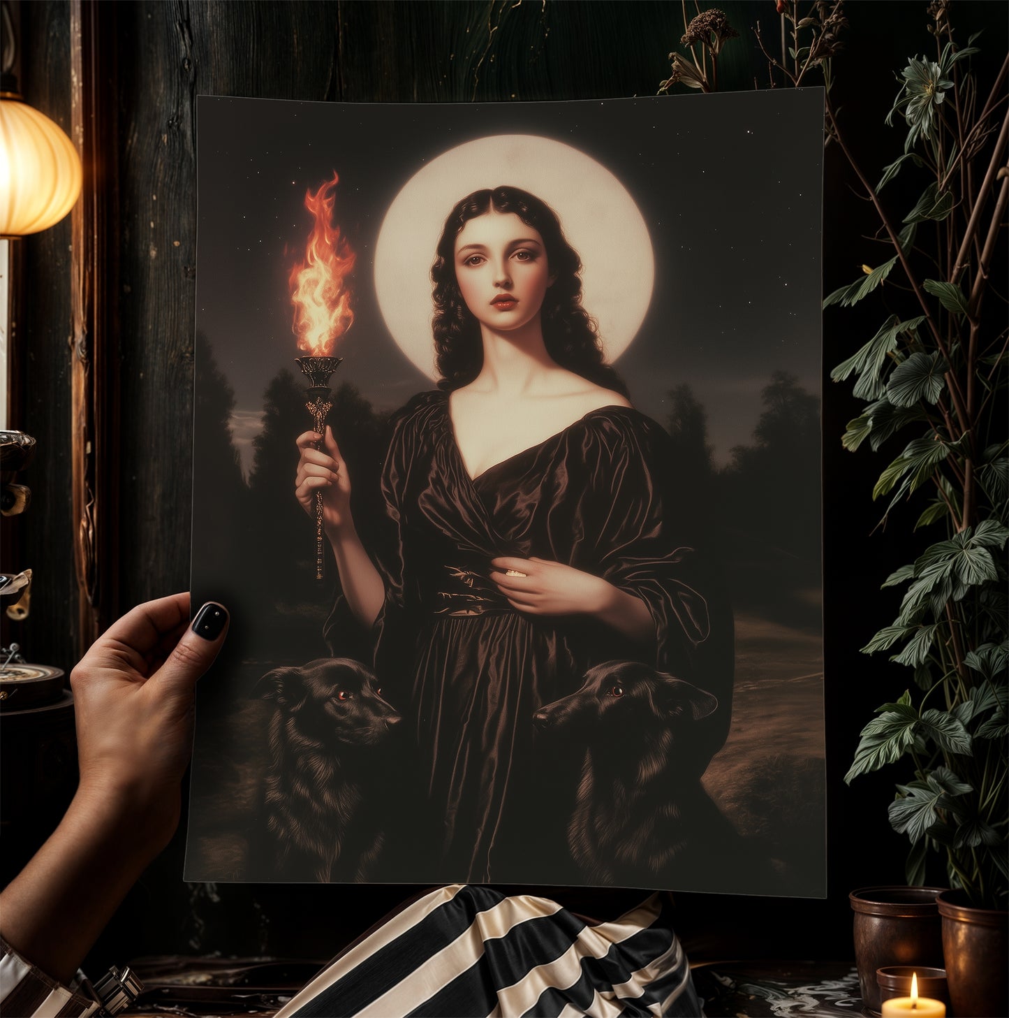 Hecate Greek Goddess Poster, Triple Moon Goddess Painting Print, Whimsigoth Decor Hekate Goddess Wall art, Witchy Dark Academia Print