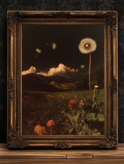 Whimsical Dandelion Field Print, Surreal Botanical Art, Cottagecore Wall Decor, Dark Romance, Nature Fantasy Aesthetic Vintage Poster