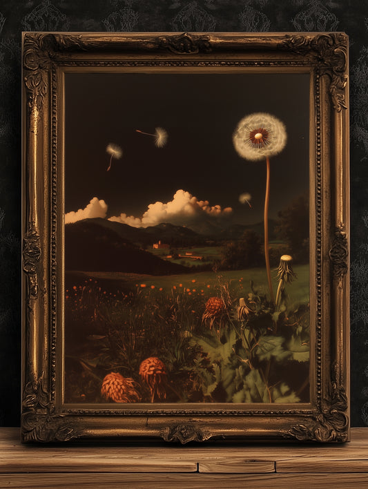 Whimsical Dandelion Field Print, Surreal Botanical Art, Cottagecore Wall Decor, Dark Romance, Nature Fantasy Aesthetic Vintage Poster
