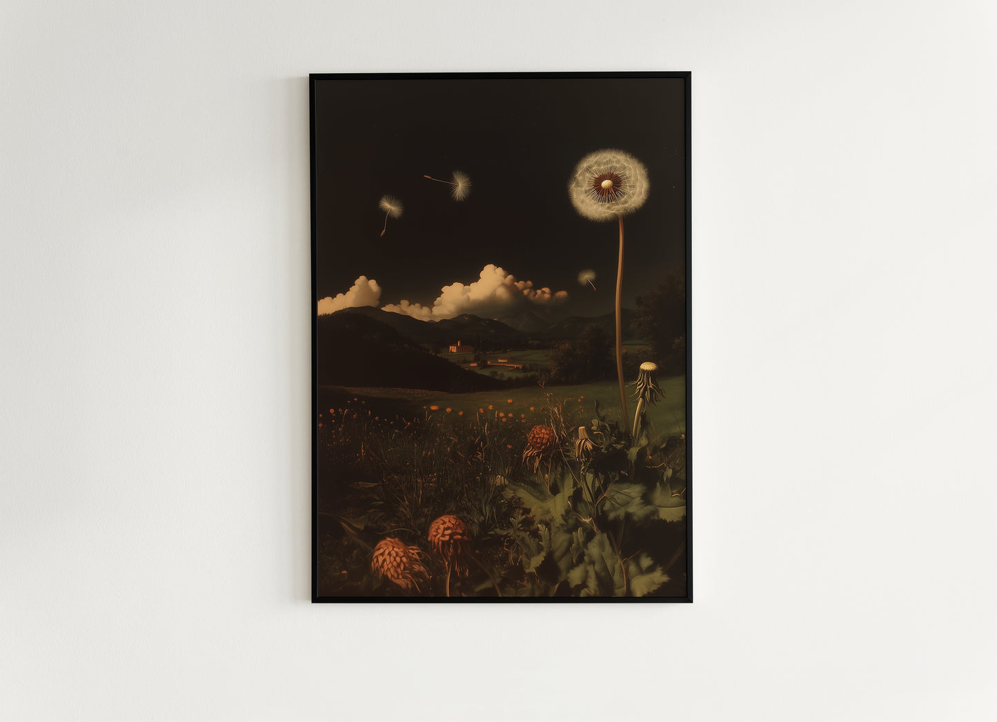 Whimsical Dandelion Field Print, Surreal Botanical Art, Cottagecore Wall Decor, Dark Romance, Nature Fantasy Aesthetic Vintage Poster