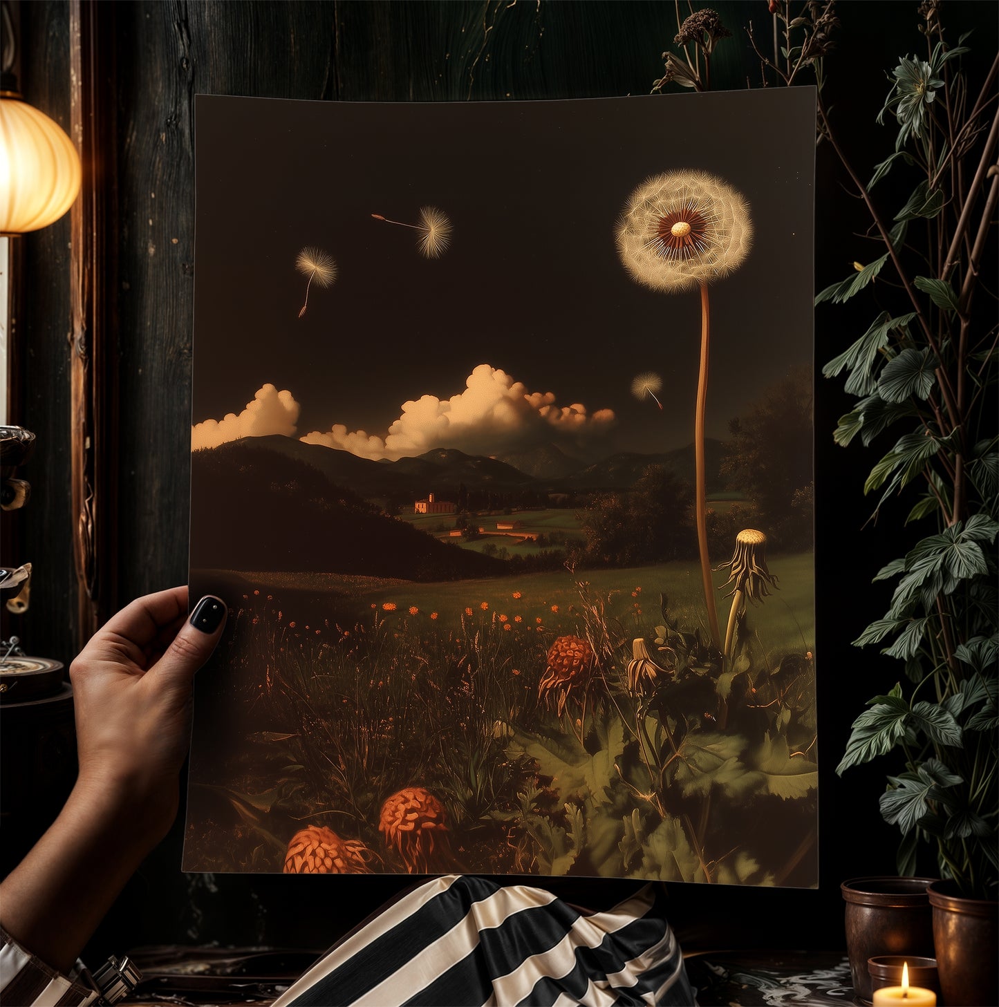 Whimsical Dandelion Field Print, Surreal Botanical Art, Cottagecore Wall Decor, Dark Romance, Nature Fantasy Aesthetic Vintage Poster