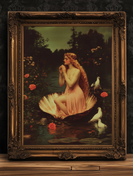 Romantic Greek Mythology Goddess Aphrodite Poster, Venus in Shell Print, Vintage Floral Painting, Dark Romance Whimsical Wall Art Decor