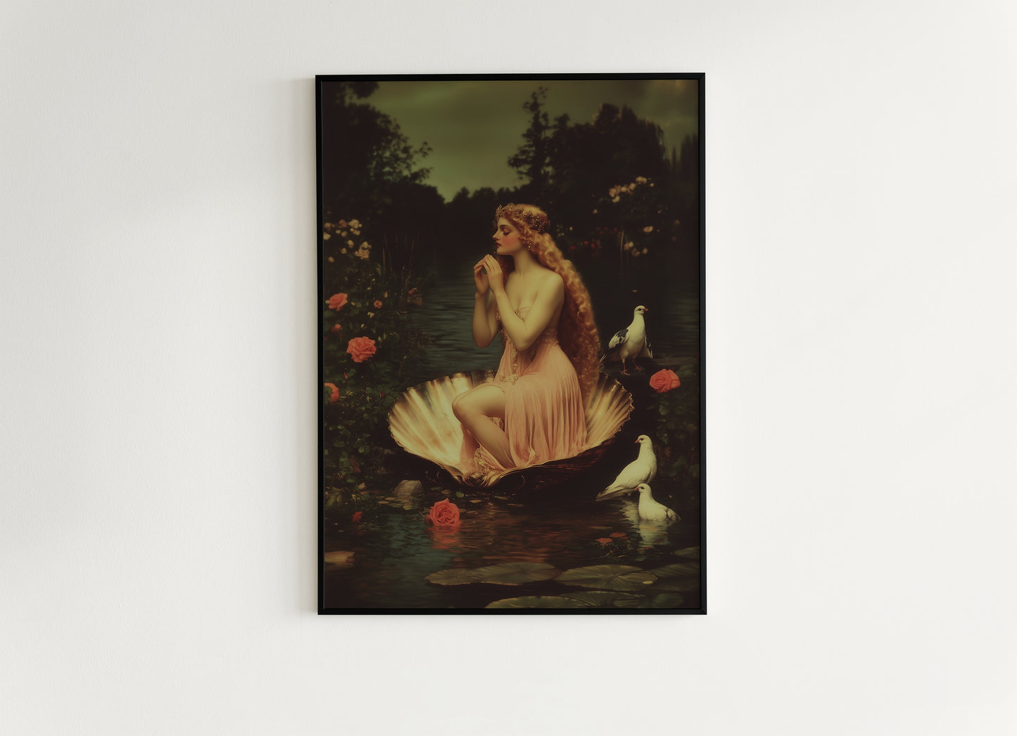 Romantic Greek Mythology Goddess Aphrodite Poster, Venus in Shell Print, Vintage Floral Painting, Dark Romance Whimsical Wall Art Decor