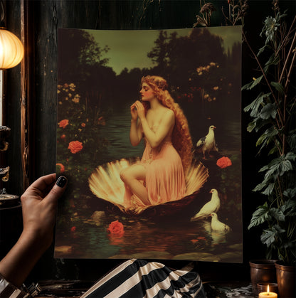 Romantic Greek Mythology Goddess Aphrodite Poster, Venus in Shell Print, Vintage Floral Painting, Dark Romance Whimsical Wall Art Decor