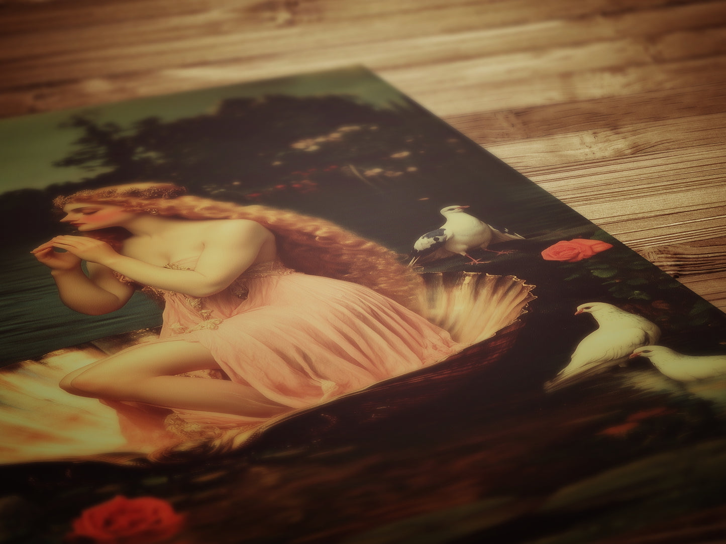 Romantic Greek Mythology Goddess Aphrodite Poster, Venus in Shell Print, Vintage Floral Painting, Dark Romance Whimsical Wall Art Decor