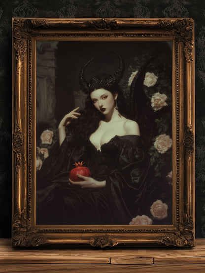 Persephone Holding Pomegranate, Gothic Greek Mythology Goddess Art Poster, Dark Romance Fantasy Painting, Whimsigoth Witchy Wall Decor