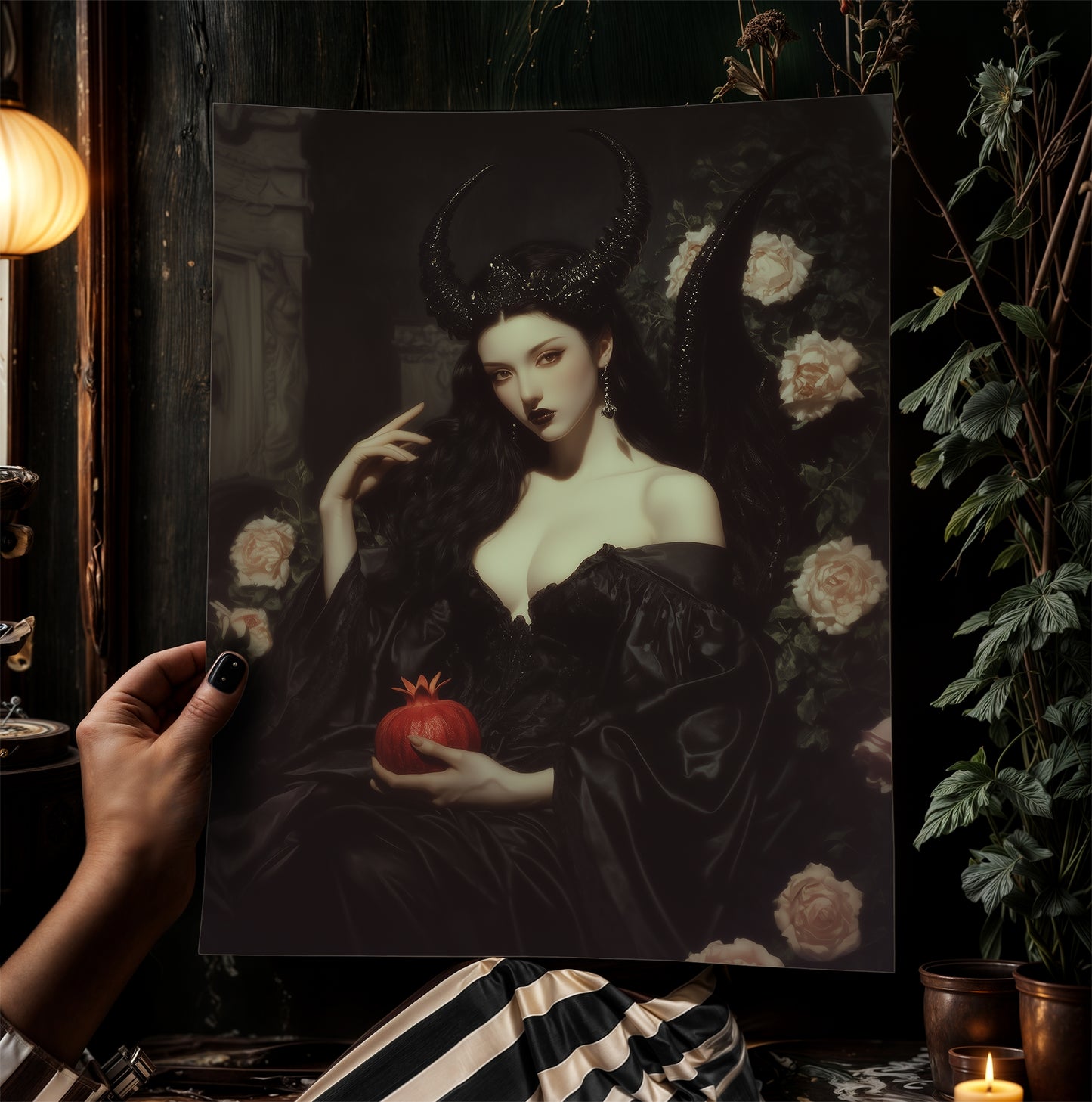 Persephone Holding Pomegranate, Gothic Greek Mythology Goddess Art Poster, Dark Romance Fantasy Painting, Whimsigoth Witchy Wall Decor