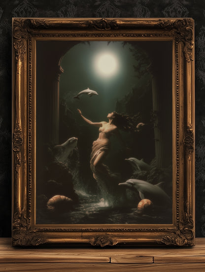 Goddess Amphitrite Art Print, Dark Ocean Ancient Greek Mythology Poster, Whimsigoth Fantasy Sea Nymph Decor, Moonlit Dolphin Painting