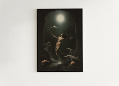 Goddess Amphitrite Art Print, Dark Ocean Ancient Greek Mythology Poster, Whimsigoth Fantasy Sea Nymph Decor, Moonlit Dolphin Painting