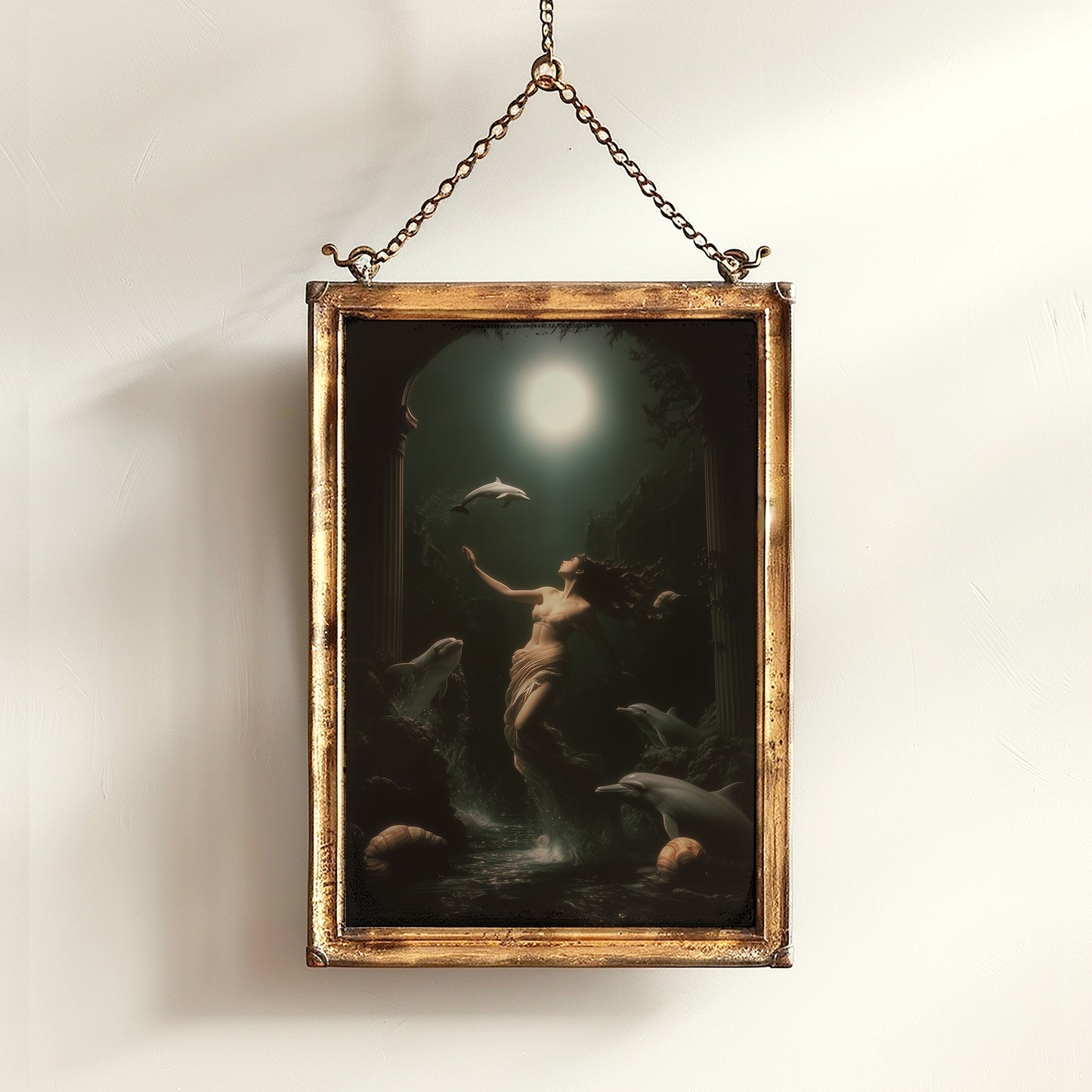 Goddess Amphitrite Art Print, Dark Ocean Ancient Greek Mythology Poster, Whimsigoth Fantasy Sea Nymph Decor, Moonlit Dolphin Painting