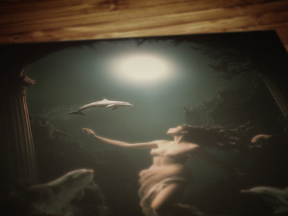 Goddess Amphitrite Art Print, Dark Ocean Ancient Greek Mythology Poster, Whimsigoth Fantasy Sea Nymph Decor, Moonlit Dolphin Painting