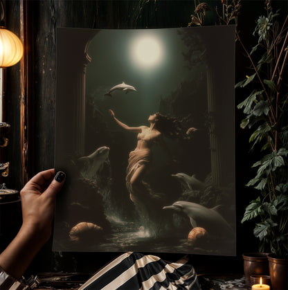 Goddess Amphitrite Art Print, Dark Ocean Ancient Greek Mythology Poster, Whimsigoth Fantasy Sea Nymph Decor, Moonlit Dolphin Painting