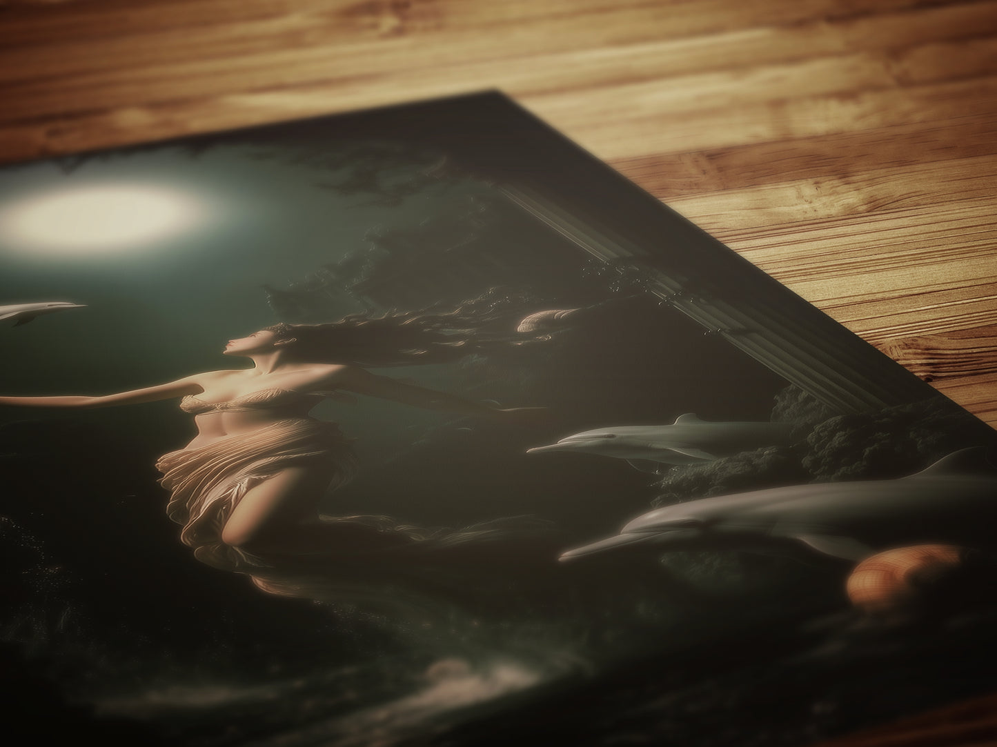 Goddess Amphitrite Art Print, Dark Ocean Ancient Greek Mythology Poster, Whimsigoth Fantasy Sea Nymph Decor, Moonlit Dolphin Painting