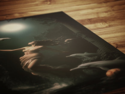 Goddess Amphitrite Art Print, Dark Ocean Ancient Greek Mythology Poster, Whimsigoth Fantasy Sea Nymph Decor, Moonlit Dolphin Painting