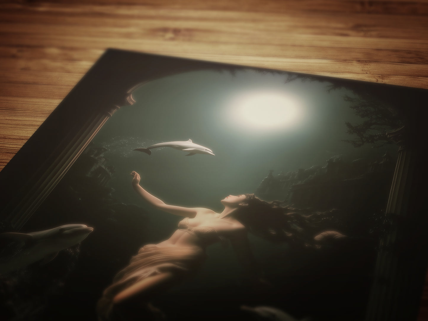 Goddess Amphitrite Art Print, Dark Ocean Ancient Greek Mythology Poster, Whimsigoth Fantasy Sea Nymph Decor, Moonlit Dolphin Painting