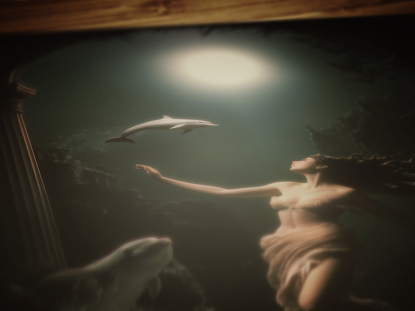 Goddess Amphitrite Art Print, Dark Ocean Ancient Greek Mythology Poster, Whimsigoth Fantasy Sea Nymph Decor, Moonlit Dolphin Painting