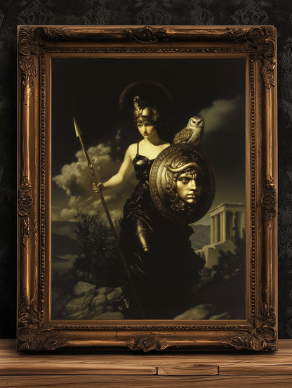 Athena Greek Goddess Poster, Witchcore Moon Art, Dark Goth Aesthetic Feminine Print, Witchy Dark Academia Print, Moody Victorian Wall Art