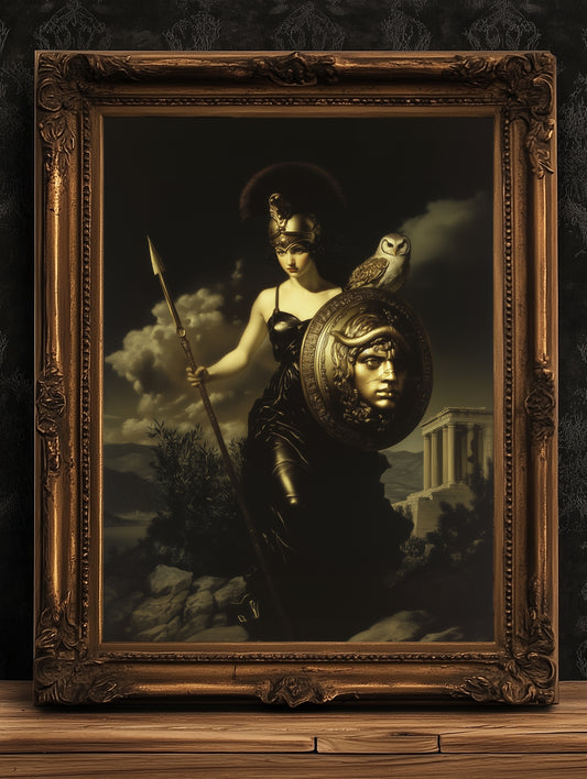 Athena Greek Goddess Poster, Witchcore Moon Art, Dark Goth Aesthetic Feminine Print, Witchy Dark Academia Print, Moody Victorian Wall Art
