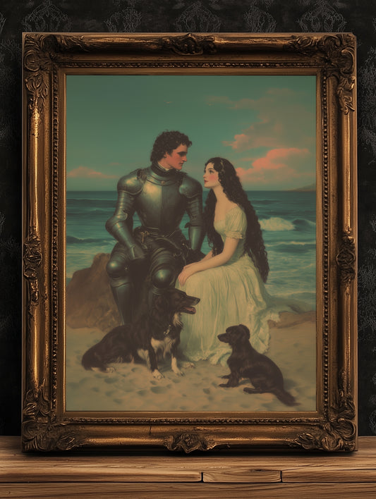 Romantic Armored Knight and Maiden on Beach Wall Art, Literary Dark Fantasy Whimsigoth Decor, Fairycore Vintage Poster for Cottagecore