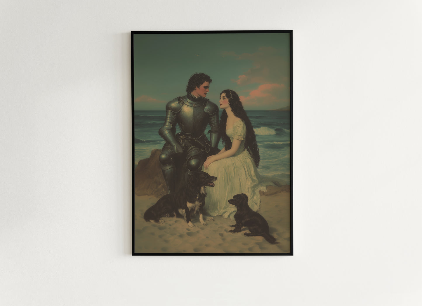 Romantic Armored Knight and Maiden on Beach Wall Art, Literary Dark Fantasy Whimsigoth Decor, Fairycore Vintage Poster for Cottagecore