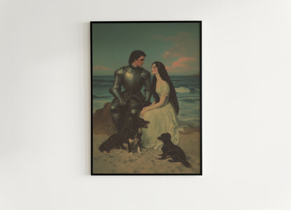 Romantic Armored Knight and Maiden on Beach Wall Art, Literary Dark Fantasy Whimsigoth Decor, Fairycore Vintage Poster for Cottagecore