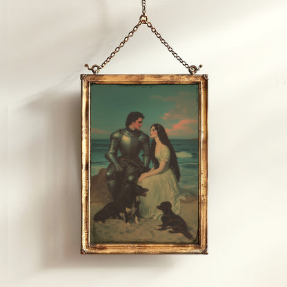 Romantic Armored Knight and Maiden on Beach Wall Art, Literary Dark Fantasy Whimsigoth Decor, Fairycore Vintage Poster for Cottagecore