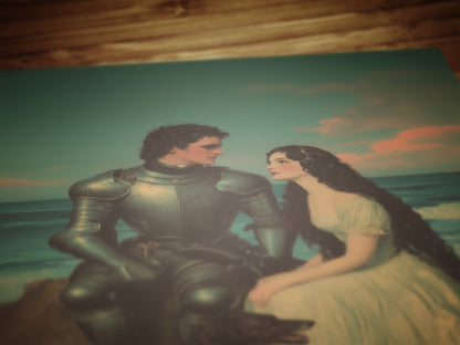 Romantic Armored Knight and Maiden on Beach Wall Art, Literary Dark Fantasy Whimsigoth Decor, Fairycore Vintage Poster for Cottagecore