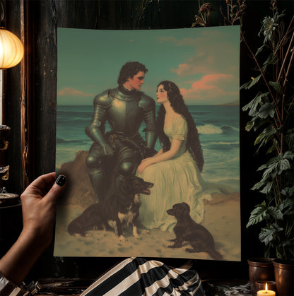 Romantic Armored Knight and Maiden on Beach Wall Art, Literary Dark Fantasy Whimsigoth Decor, Fairycore Vintage Poster for Cottagecore