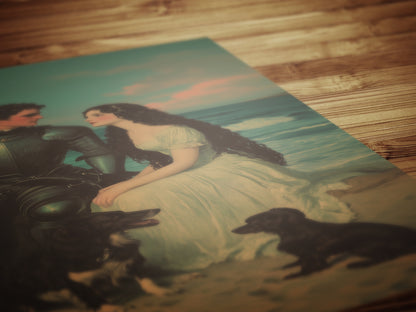 Romantic Armored Knight and Maiden on Beach Wall Art, Literary Dark Fantasy Whimsigoth Decor, Fairycore Vintage Poster for Cottagecore