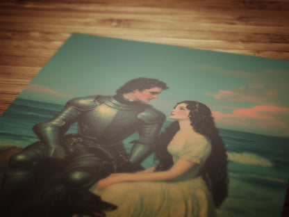Romantic Armored Knight and Maiden on Beach Wall Art, Literary Dark Fantasy Whimsigoth Decor, Fairycore Vintage Poster for Cottagecore