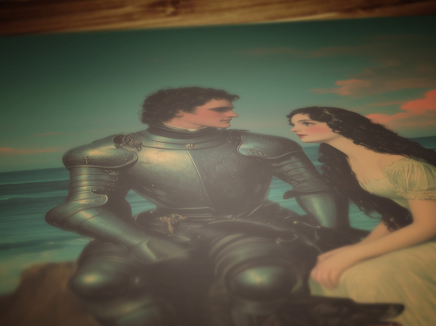 Romantic Armored Knight and Maiden on Beach Wall Art, Literary Dark Fantasy Whimsigoth Decor, Fairycore Vintage Poster for Cottagecore