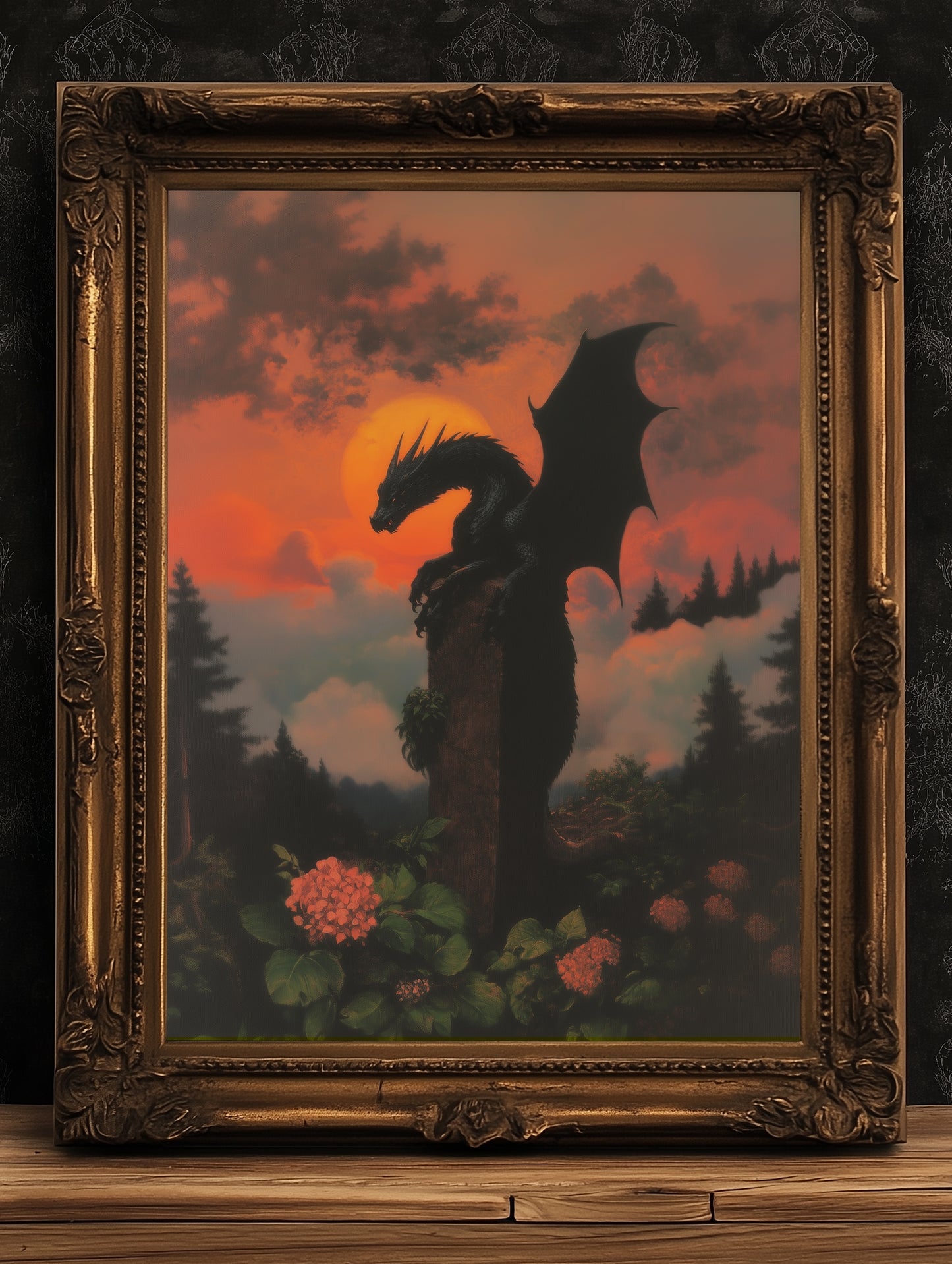 Medieval Dragon at Sunset Wall Art, Whimsigoth Decor, Dark Cottagecore Poster, Mythical Gothic and Dark Fantasy Decor Lovers