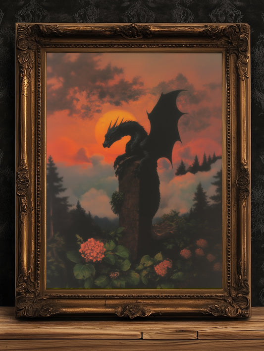 Medieval Dragon at Sunset Wall Art, Whimsigoth Decor, Dark Cottagecore Poster, Mythical Gothic and Dark Fantasy Decor Lovers