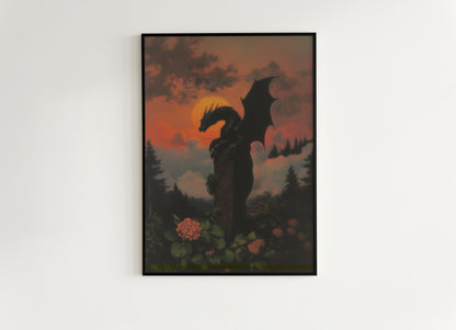 Medieval Dragon at Sunset Wall Art, Whimsigoth Decor, Dark Cottagecore Poster, Mythical Gothic and Dark Fantasy Decor Lovers
