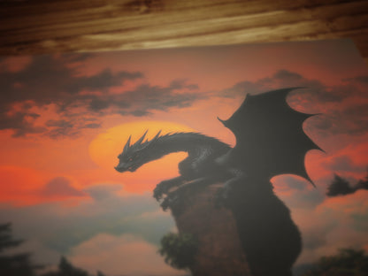 Medieval Dragon at Sunset Wall Art, Whimsigoth Decor, Dark Cottagecore Poster, Mythical Gothic and Dark Fantasy Decor Lovers