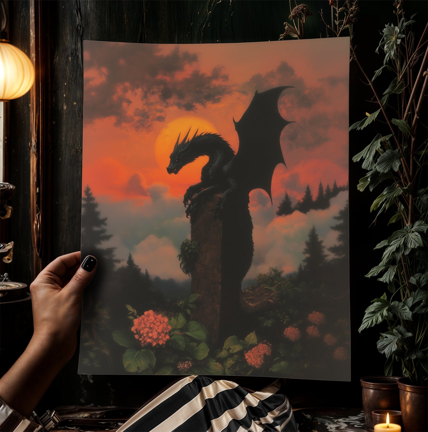 Medieval Dragon at Sunset Wall Art, Whimsigoth Decor, Dark Cottagecore Poster, Mythical Gothic and Dark Fantasy Decor Lovers