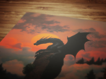 Medieval Dragon at Sunset Wall Art, Whimsigoth Decor, Dark Cottagecore Poster, Mythical Gothic and Dark Fantasy Decor Lovers