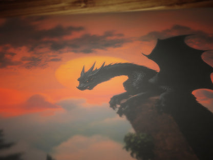 Medieval Dragon at Sunset Wall Art, Whimsigoth Decor, Dark Cottagecore Poster, Mythical Gothic and Dark Fantasy Decor Lovers
