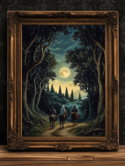 Moonlit Riders Fantasy Wall Art, Whimsigoth Decor, Medieval Forest Poster for Castlecore, Book Nook and Fantasy Home Poster Hanging