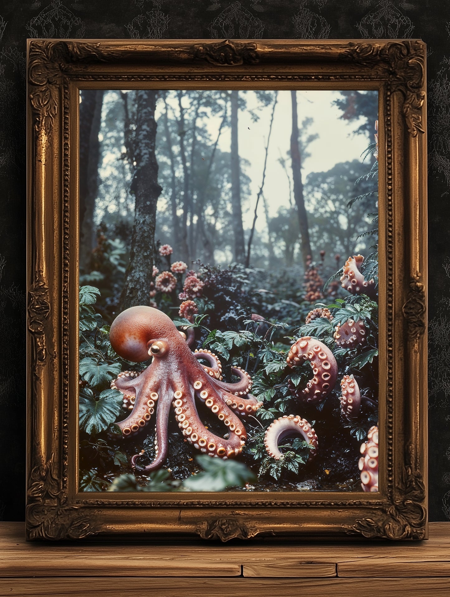 Octopus in the Forest Print, Surreal Nature Art, Botanical Fantasy Landscape, Creepy Cute Horror Home Art, Dark Academia, Goth Wall Decor