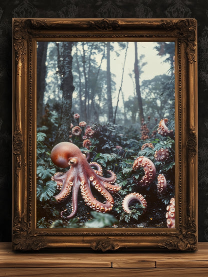 Octopus in the Forest Print, Surreal Nature Art, Botanical Fantasy Landscape, Creepy Cute Horror Home Art, Dark Academia, Goth Wall Decor